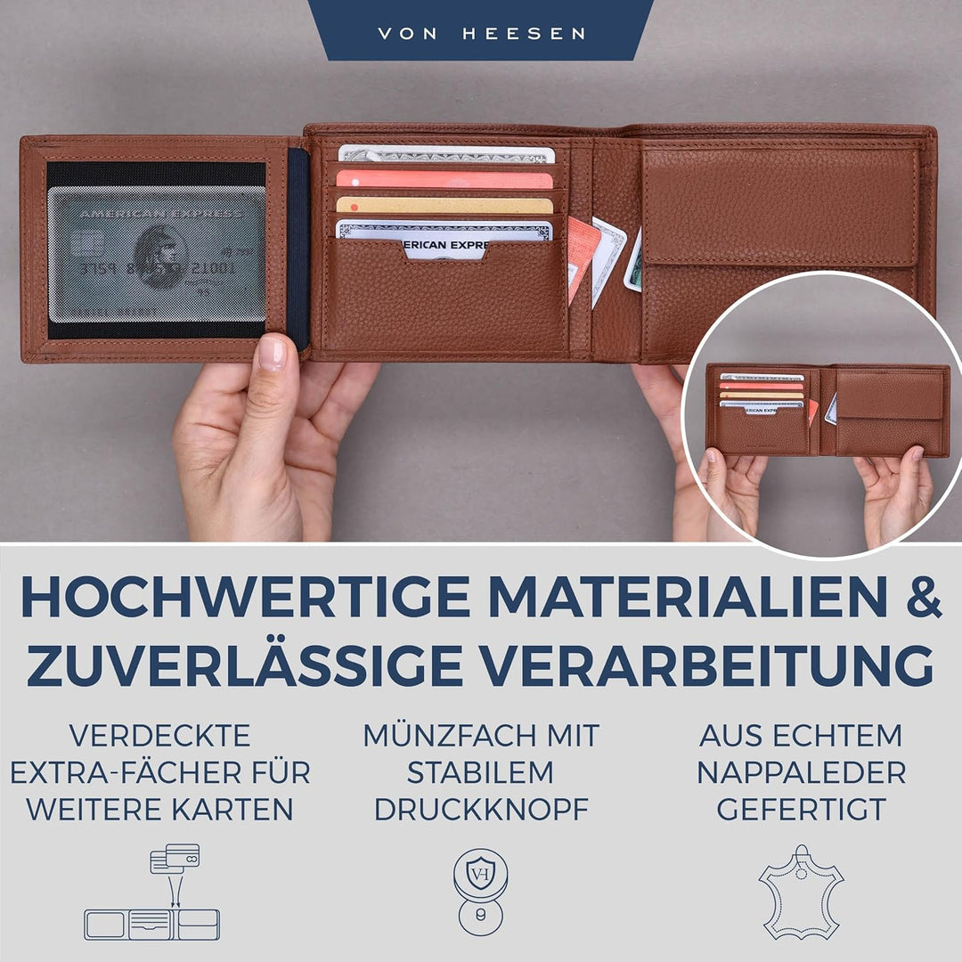 VON HEESEN Leder Geldbörse Herren mit RFID Schutz I Echtleder Geldbeutel für Männer I Münzbörse Port