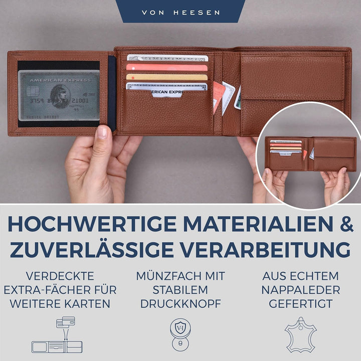 VON HEESEN Leder Geldbörse Herren mit RFID Schutz I Echtleder Geldbeutel für Männer I Münzbörse Port