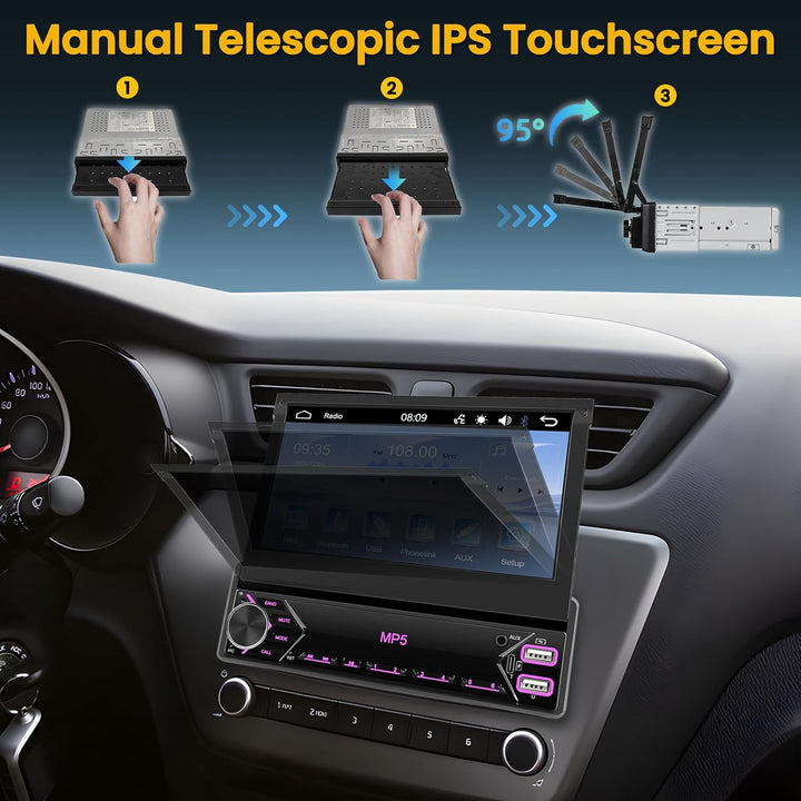 Hikity 1 Din Autoradio mit 7” IPS Manuell Einziehbarer Touchscreen Wired Mirror Link FM Radio mit 2U