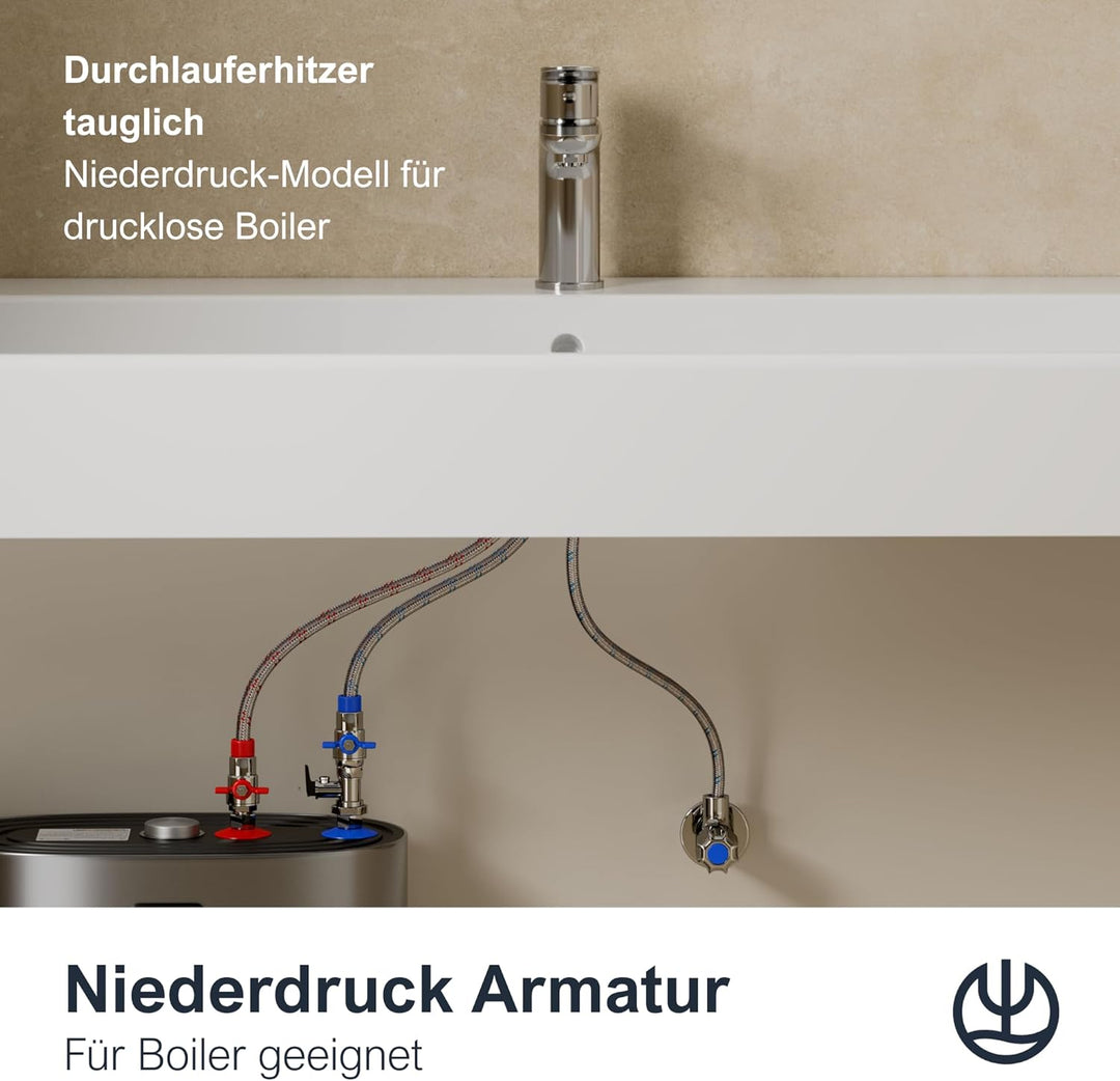 KLUDI-X1 Niederdruck Waschtischarmatur, Auslaufhöhe 95 mm, wassersparender Wasserhahn Bad Grösse M,