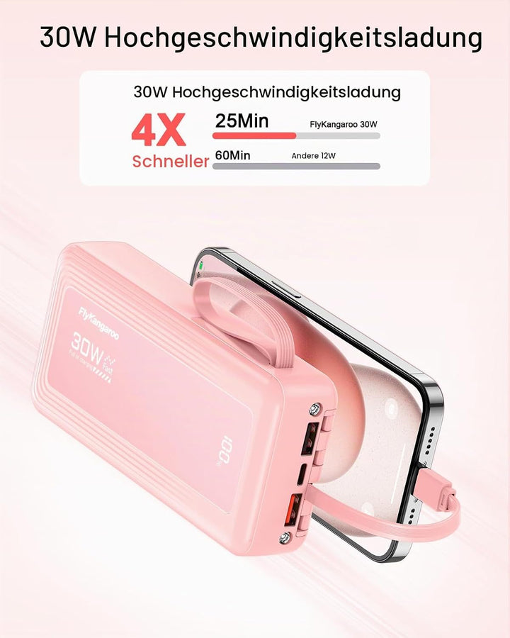 Powerbank 27000mAh mit 4 integrierten Kabel, 30W Power Bank USB C Schnellladefunktion mit LED Displa