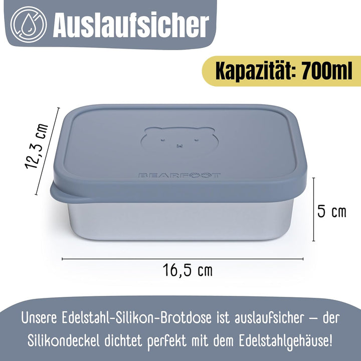 BEARFOOT Edelstahl Brotdose Kinder mit Silikondeckel (Blau, 700 ml) | BPA-frei, auslaufsicher, Brotz