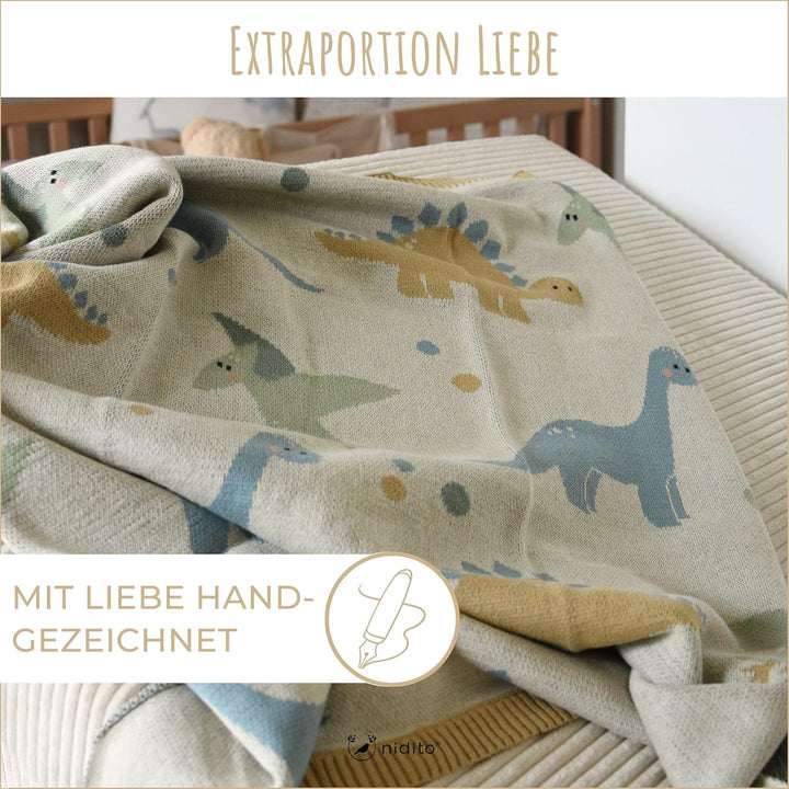 nidito Hochwertige Bio Babydecke Baumwolle Beige Dino - 100% GOTS Bio-Baumwolle - 80x100 cm - herrli
