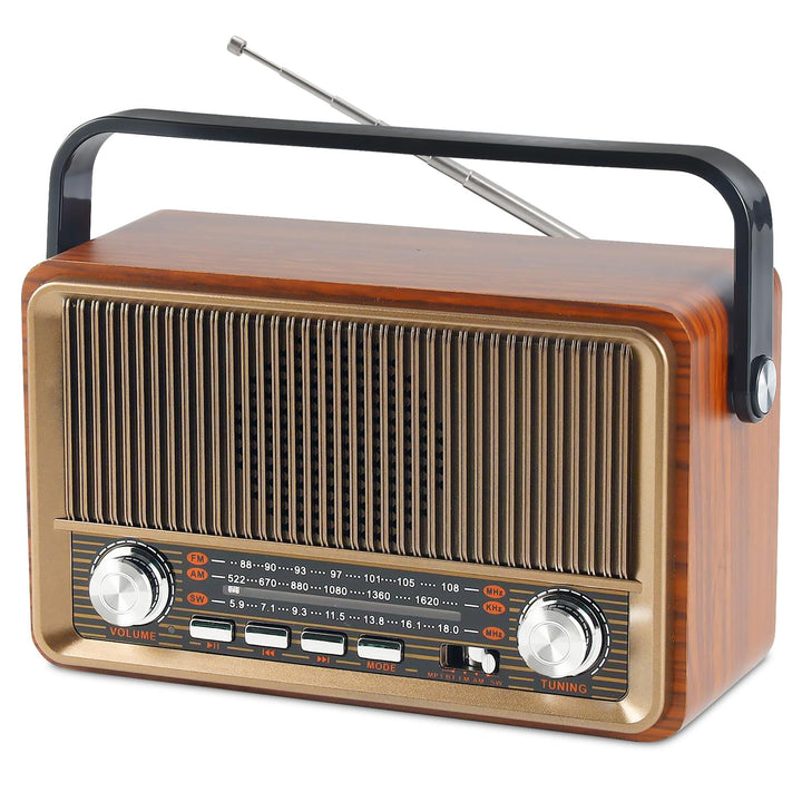 Retro Radio mit Bluetooth, Nostalgie Kofferradio Klein mit AM/FM/SW3, USB/TF/AUX, Wiederaufladbar, K