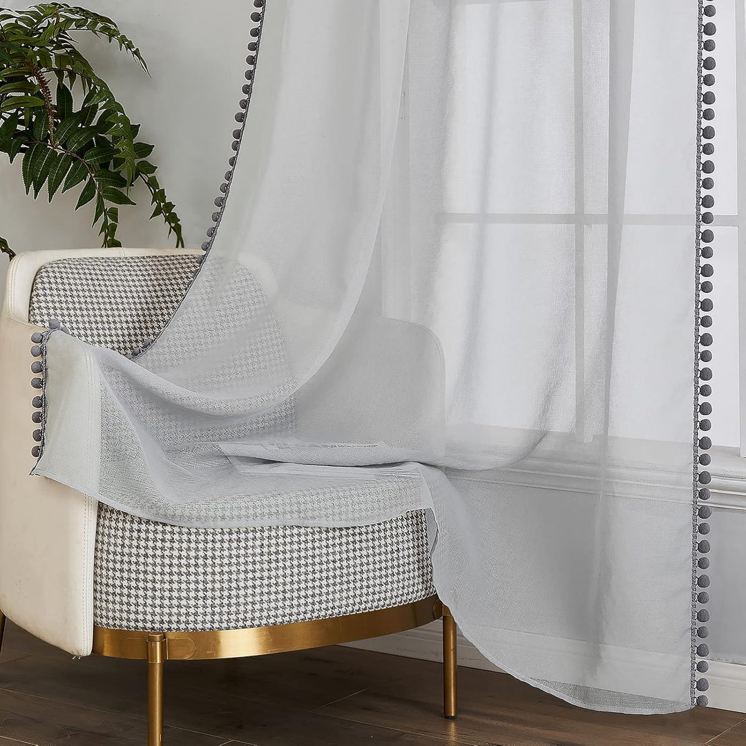 MIULEE Gardinen mit Pompons-Hübsche Grau Transparent Gardinen für Kinderzimmer Mädchen, 2 Stücke Vor