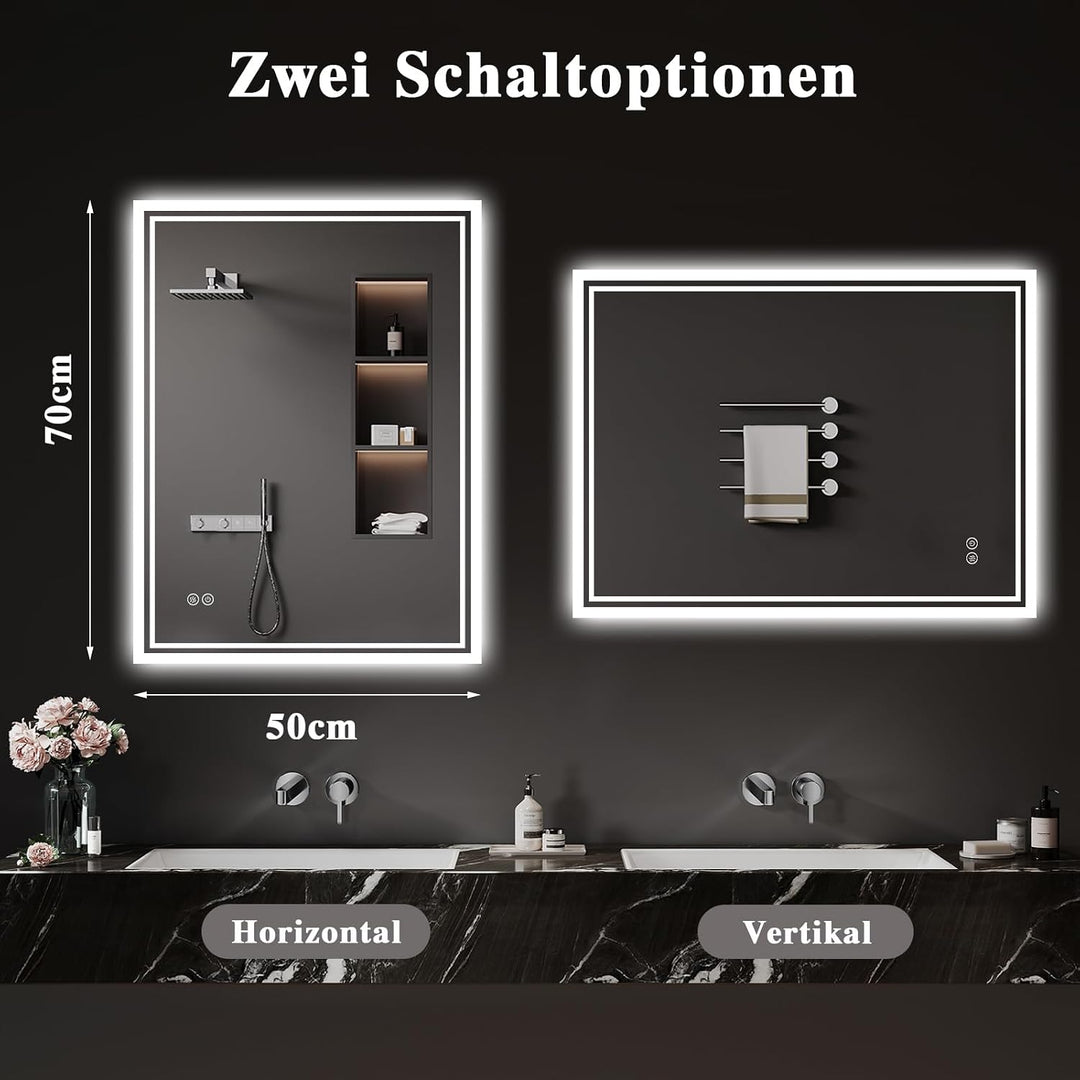 Badspiegel-mit-Beleuchtung 50x70cm: LED Badezimmer-Spiegel Badezimmerspiegel mit Beschlagfrei, Touch
