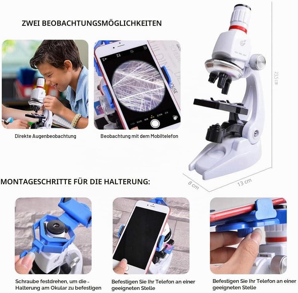 ALEENFOON Kinder Mikroskop,100x 400x 1200x Vergrösserung Wissenschaft Kinder Mikroskop Kit mit LED B