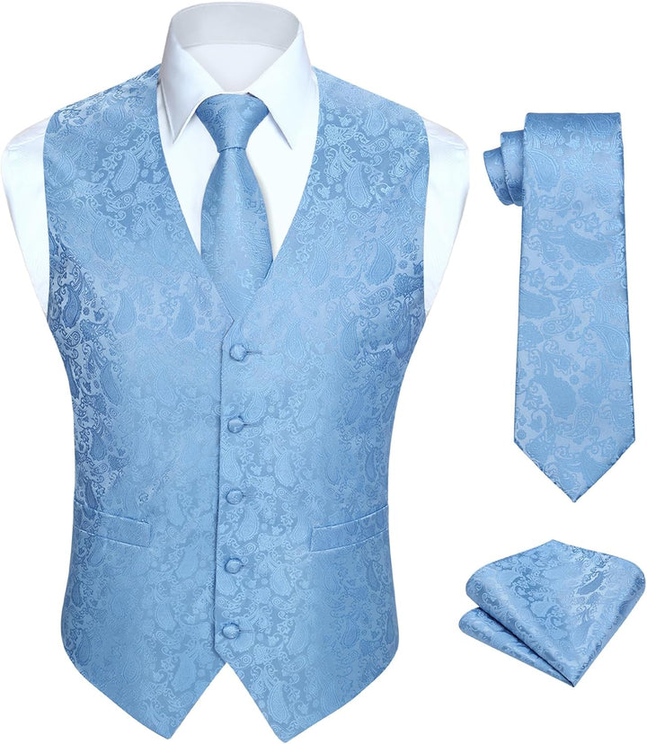 HISDERN Herren FLoral Hochzeit Weste Krawatte Einstecktuch Taschentuch Jacquard Weste Anzug Set S He