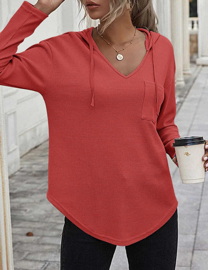 Pullover Damen Hoodie Langarm V Ausschnitt Pullover Sweatshirt Kapuzenpullover Einfarbig Drawstring
