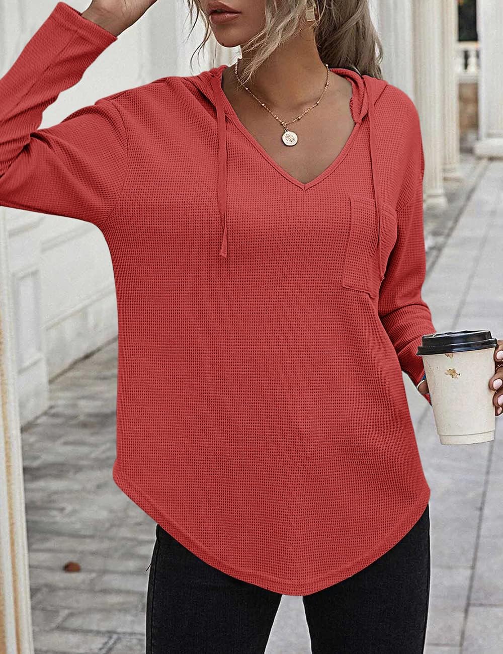 Pullover Damen Hoodie Langarm V Ausschnitt Pullover Sweatshirt Kapuzenpullover Einfarbig Drawstring