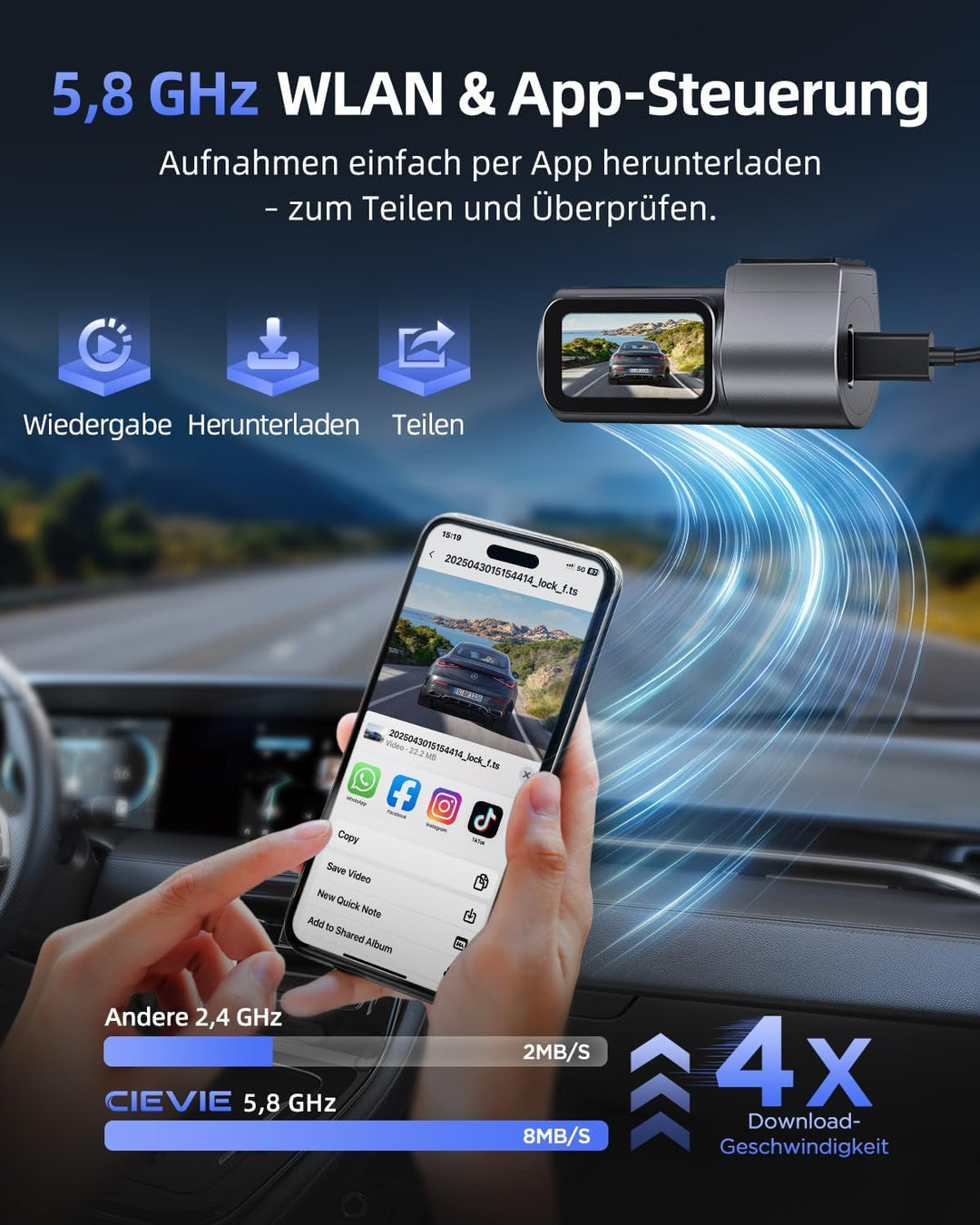 CIEVIE Dashcam Auto Vorne 4K, 1,5" IPS Display & 5G WiFi & 64GB Karte, 360° Drehbar Mini Dash Cam, A