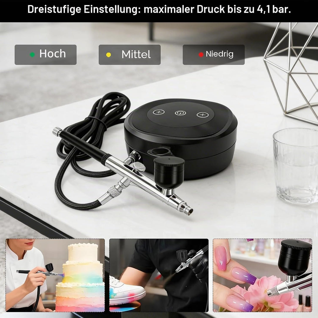 Airbrush Set, mit Kompressor, 3-stufige Druckregelung (bis 60 PSI), 5 Düsen und Zubehör, für Modellb