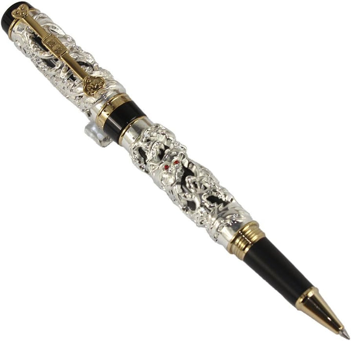 Gullor Edelste Drache und Phoenix Rollerball mit PU-Leder-Feder-Beutel - Silber und Schwarz Silver a