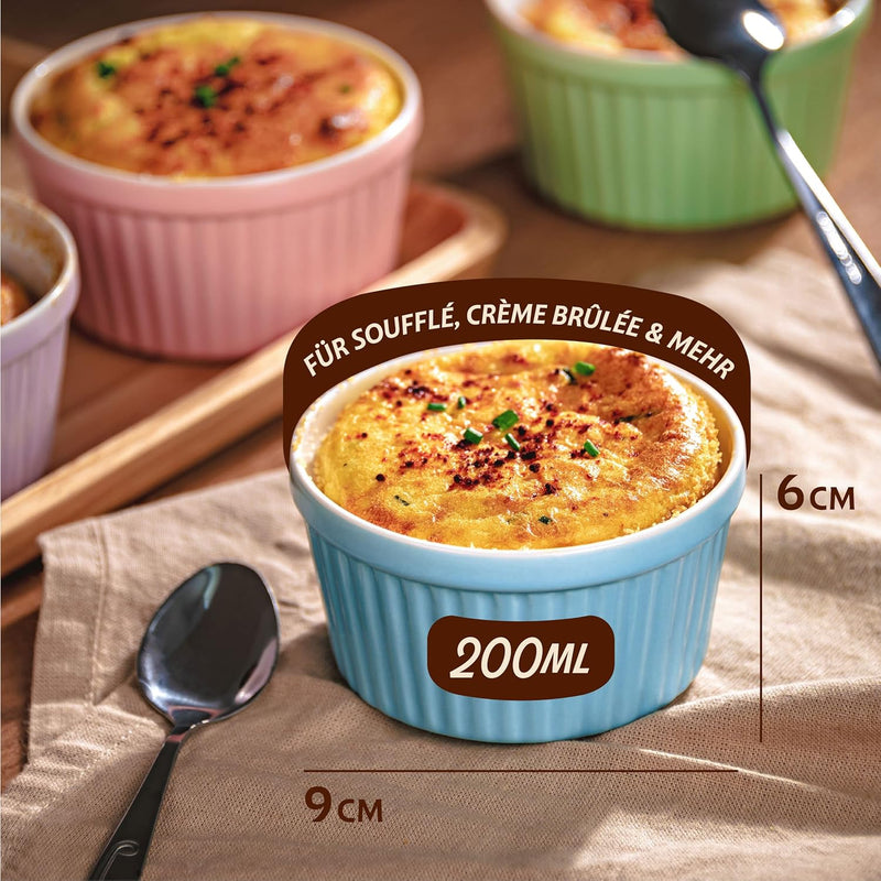 6 Souffle Förmchen aus Keramik - Backofenfest - 200 ml - 9 cm - Stapelbar - Mit Antihaftbeschichtung