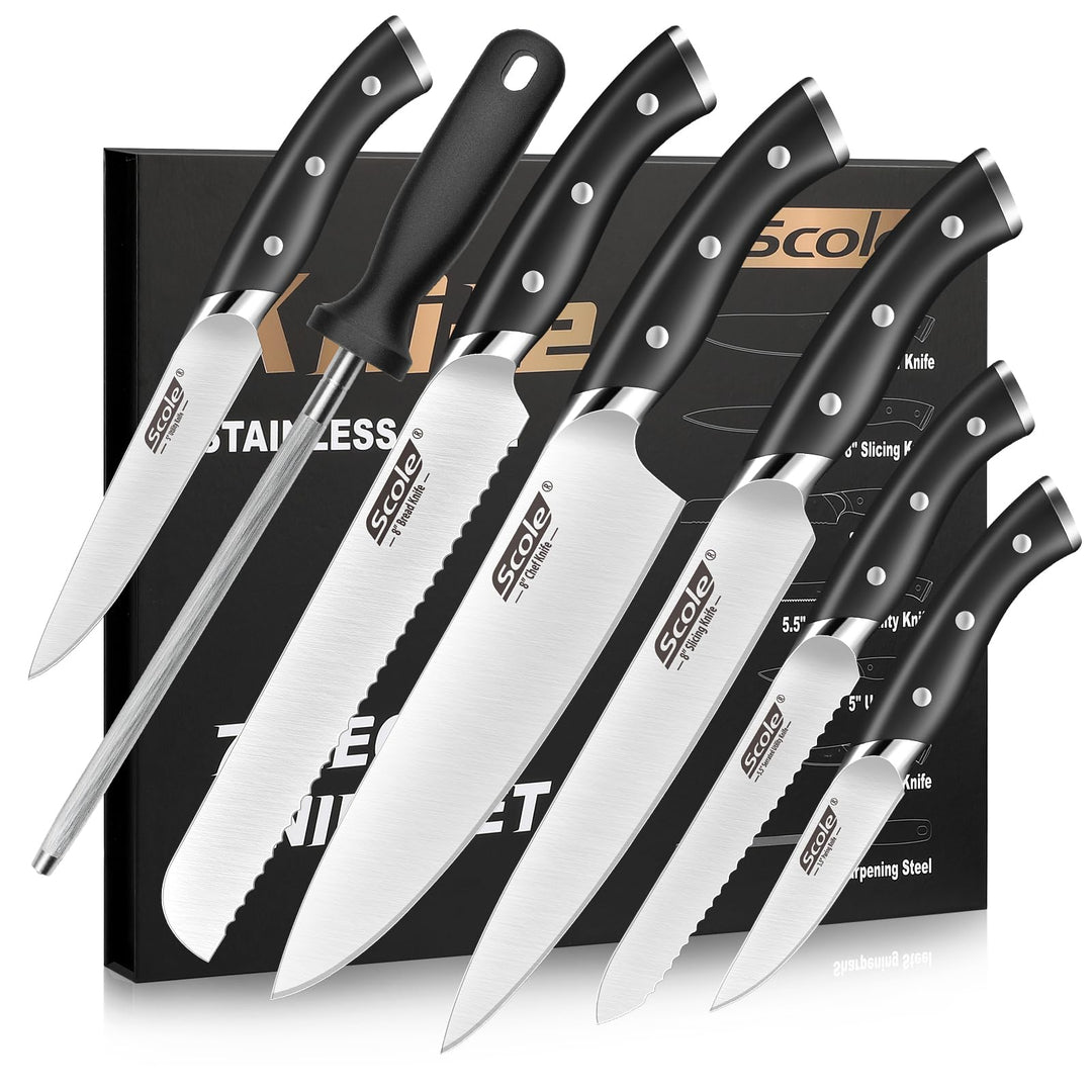SCOLE® Messerset, Rasierscharf Küchenmesser Set 7-teilig mit Wetzstab, Messer Set, Profi Kochmesser