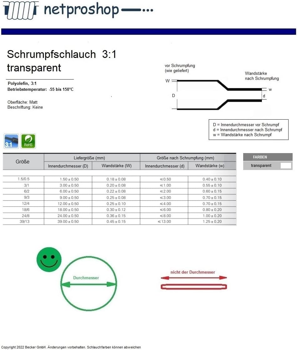 netproshop Schrumpfschlauch (3:1) 150°C transparent Grösse von 1,5 bis 40mm Auswahl, Grösse:1.5 mm -