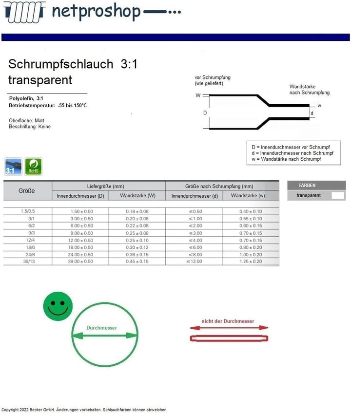 netproshop Schrumpfschlauch (3:1) 150°C transparent Grösse von 1,5 bis 40mm Auswahl, Grösse:1.5 mm -