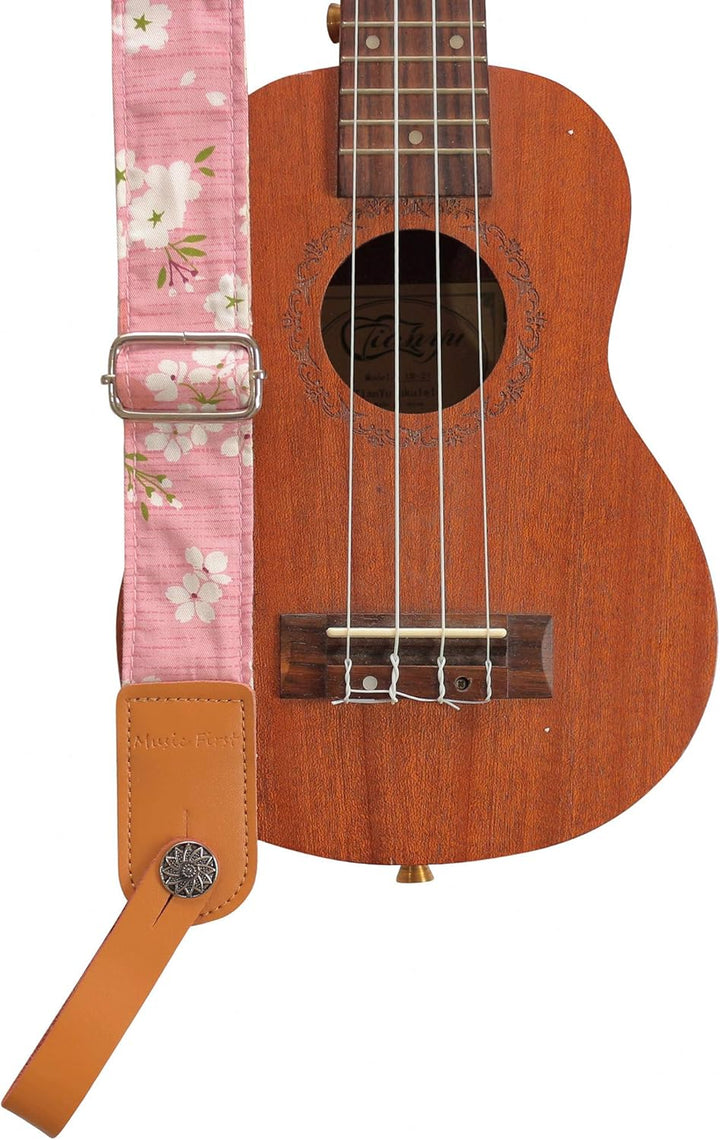 MUSIC FIRST Ukulelengurt, Vintage-Stil, "Pink Sakura", weiches Musselin und echtes Leder, Ukulelengu