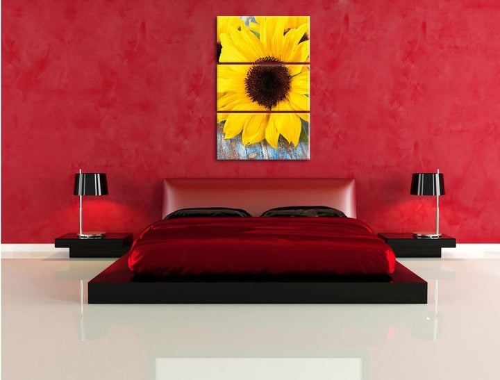 Pixxprint Sonnenblumen auf Holztisch als Leinwandbild/Grösse: 3 Teilig (120x80) / Wandbild/Kunstdruc