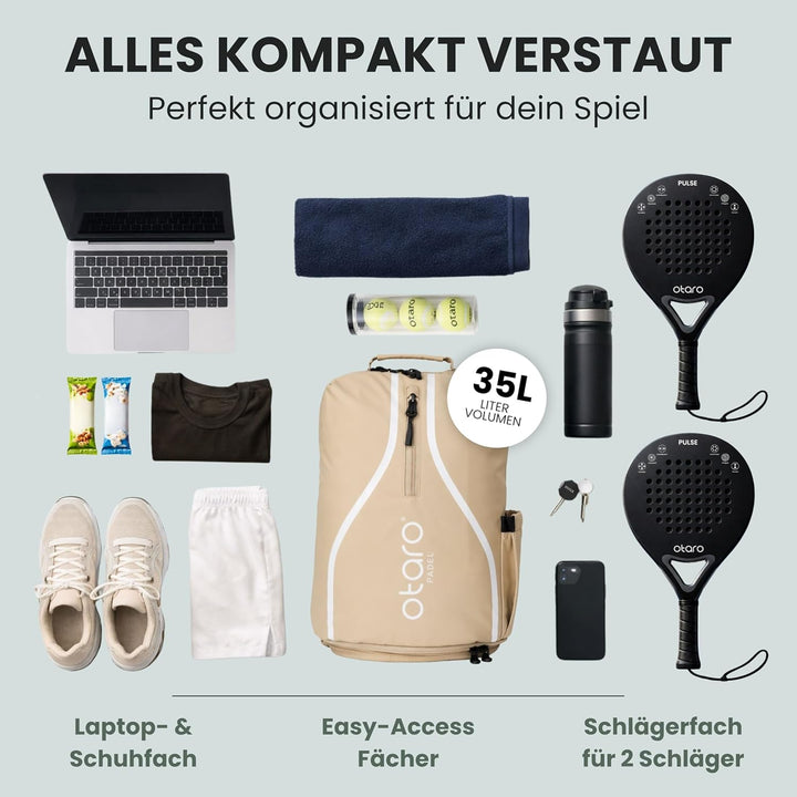 Otaro Padel Tasche mit Schuhfach & Laptopfach – Padel Rucksack für Schläger, Kleidung & Zubehör – Be