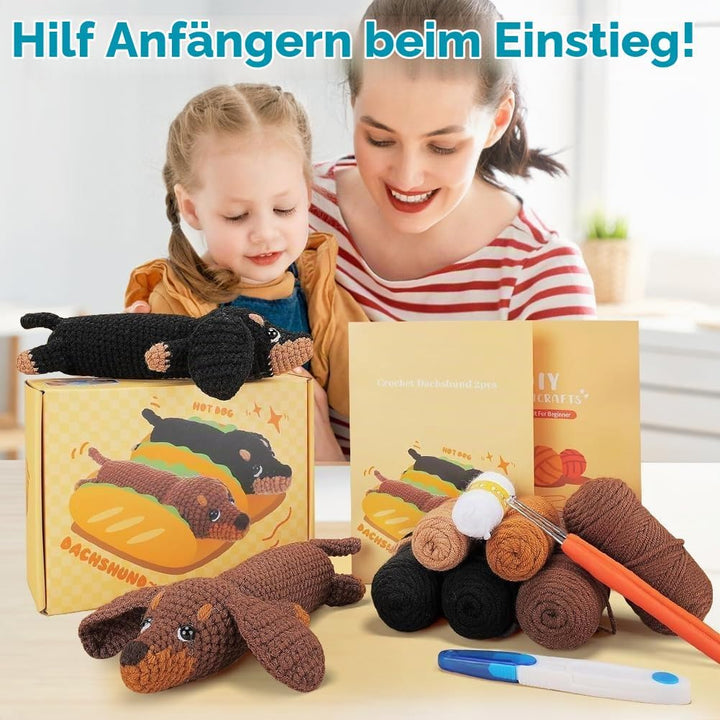 Zinueen Häkelset für Anfänger, Komplettes Häkelset Dackel mit 2 Farben Braun ＆ Schwarz, Strickset Hä