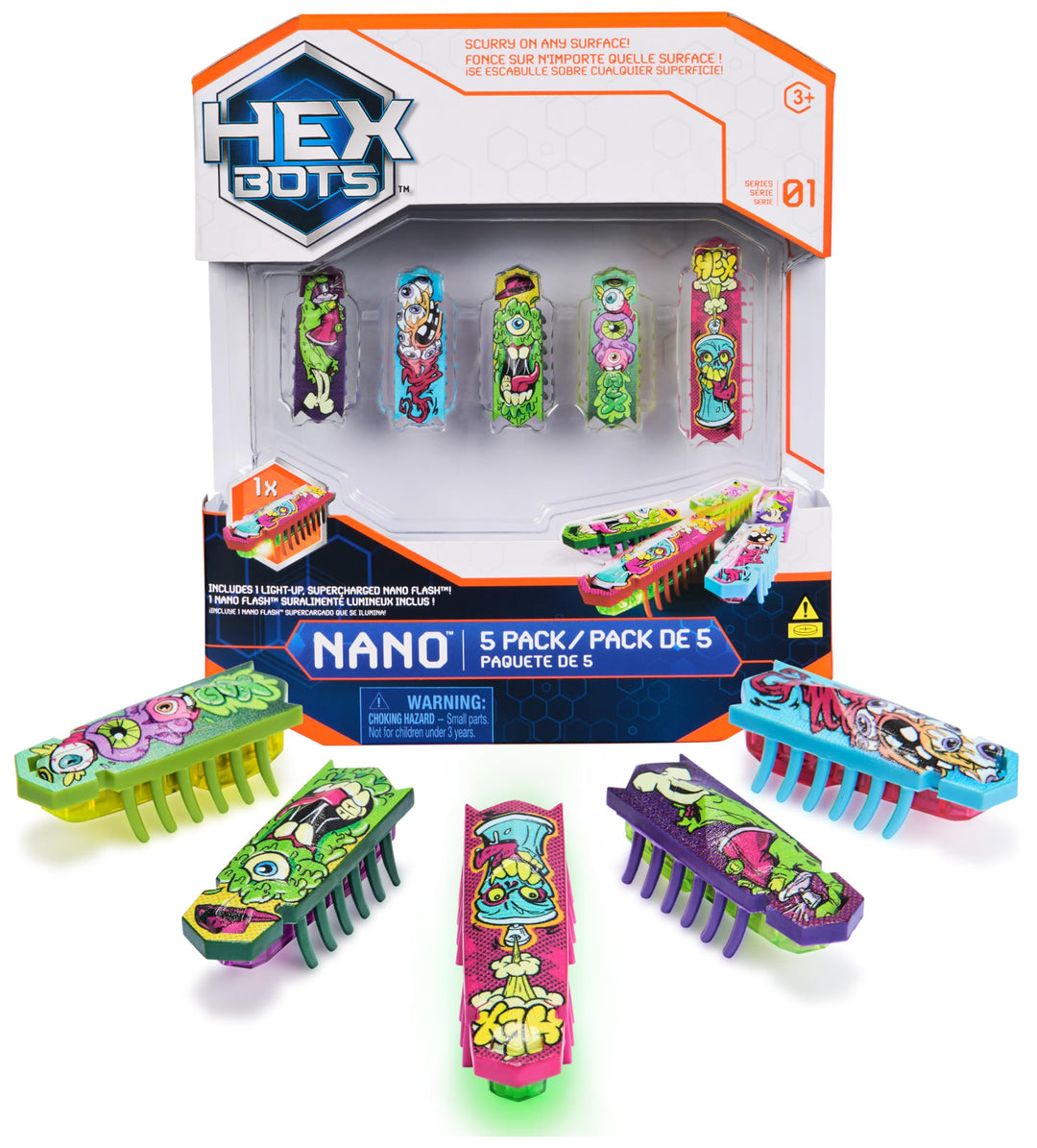 HEX BOTS Nano 5 Pack, 4 Nano Bots mit Bonus Flash Nano, sensorisches Spielzeug für Kinder & Katzen m