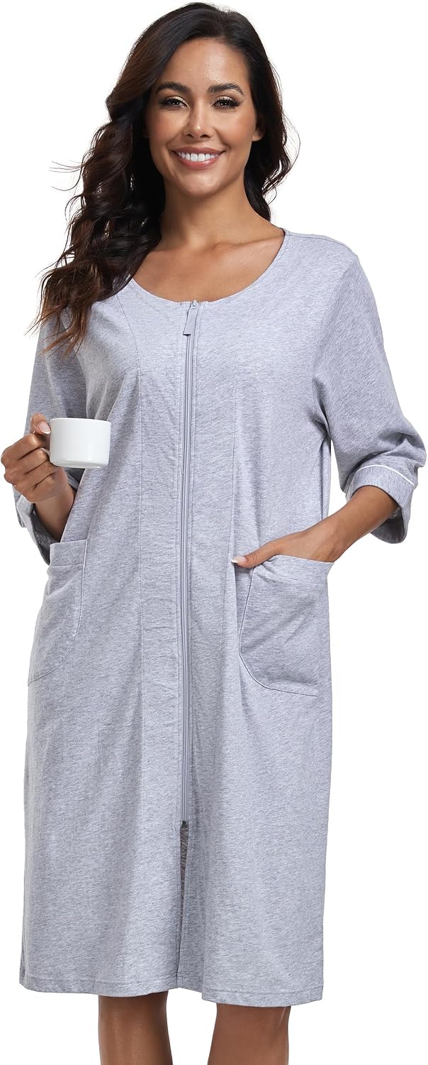 COLORFULLEAF 100% Baumwolle Morgenmantel Damen Leicht Bademantel Damen 3/4 Ärmel mit Reissverschluss