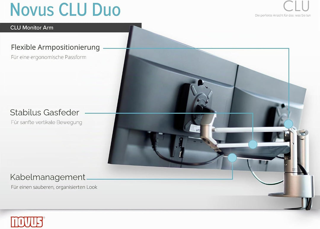 Novus CLU Duo Monitorarm Set, einfache Ausrichtung für Side-by-Side Viewing, 3 in 1, schnelle Montag