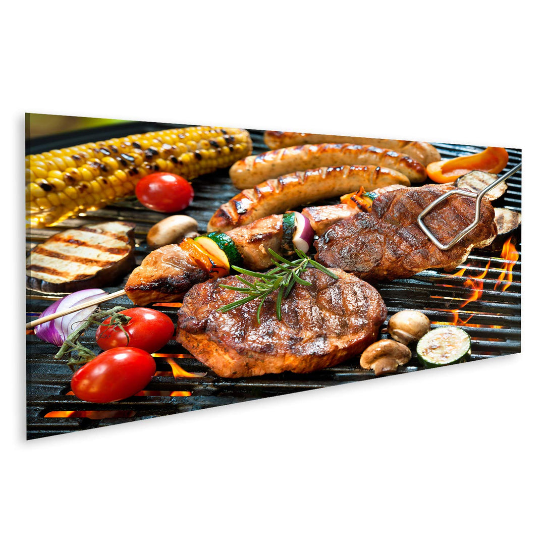 islandburner Bild auf Leinwand Grill Fleisch Wurst Gemüse Grillzange Bilder Wandbilder Poster 120L x