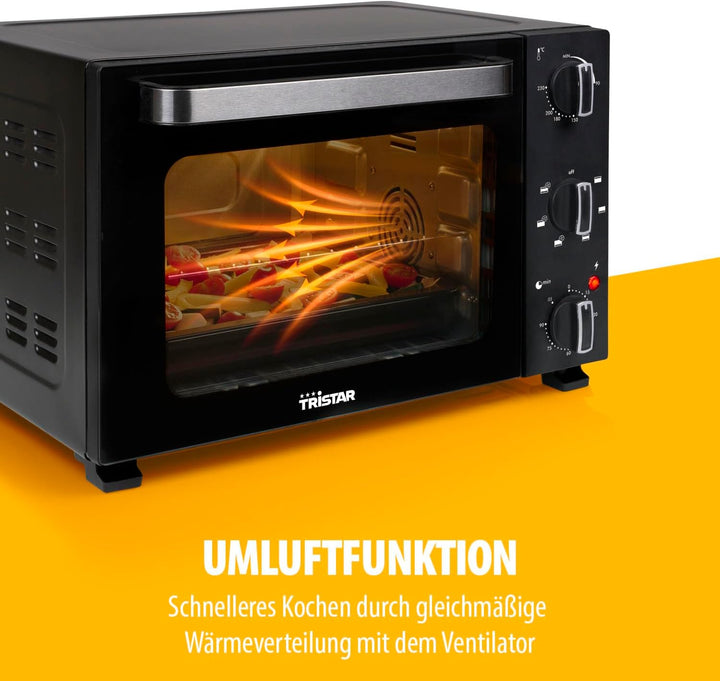 Tristar Heissluftofen, 27L Kapazität, 1500W, 6 Heizarten, Umluftfunktion, 90 Min Timer, 90–230 °C Th