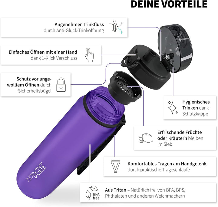 720°DGREE Trinkflasche 1l Sport “uberBottle“ softTouch +Sieb - BPA-Frei - Wasserflasche für Uni, Arb