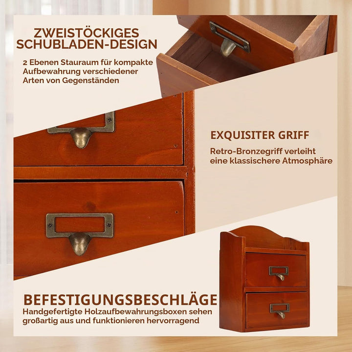 Klein Holz Schubladenschrank, 24.5 x 13 x 18.8cm Massivholz Schmuckschatulle mit 2 Lagiger Schublade