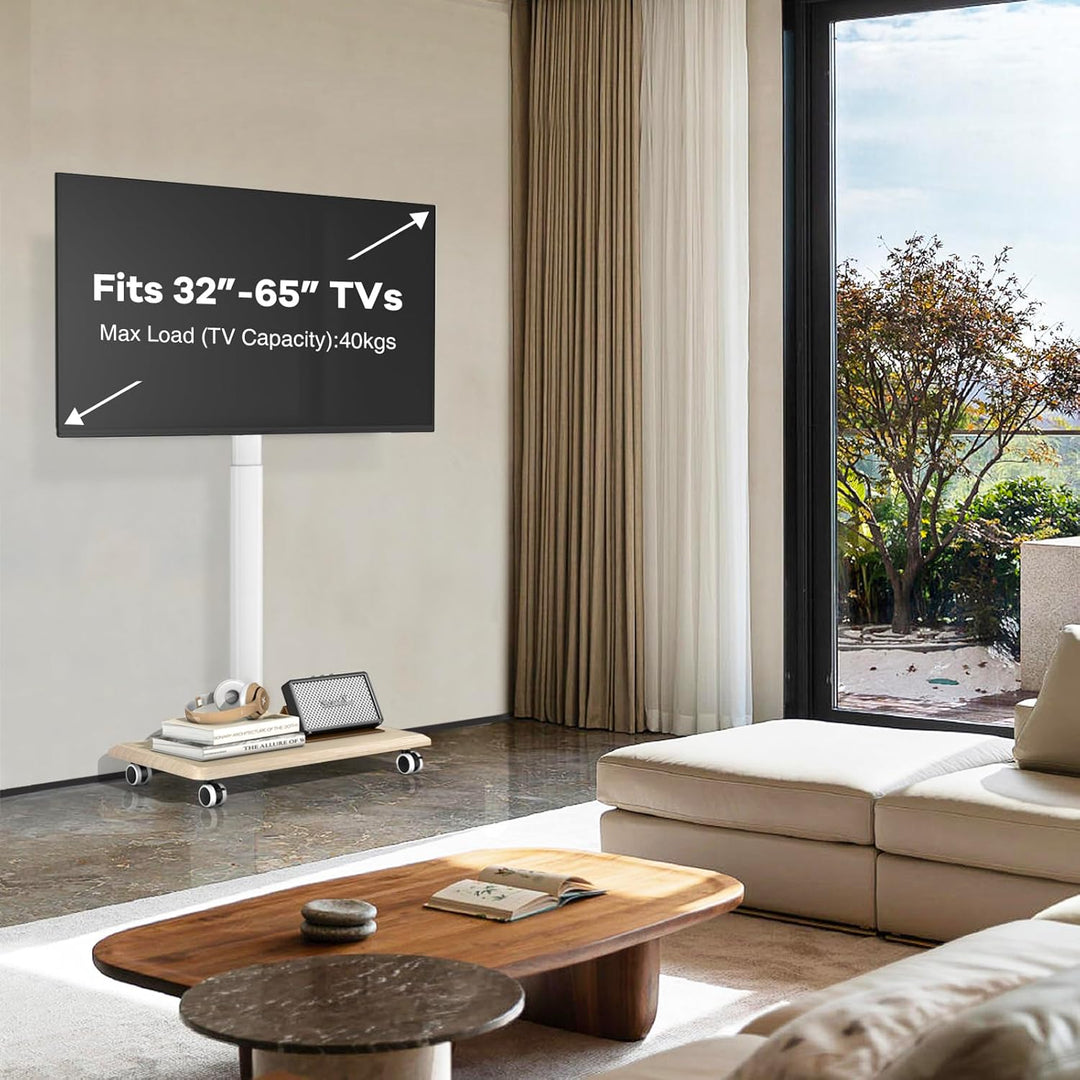 TVON Weiss TV Ständer mit Rollen für 32-65 Zoll Fernseher, Holz TV Standfuss Mobiler Fernsehständer