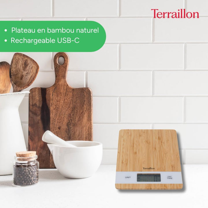 TERRAILLON Bamboo Küchenwaage, USB, wiederaufladbar über USB, automatische Abschaltung – Tara-Funkti