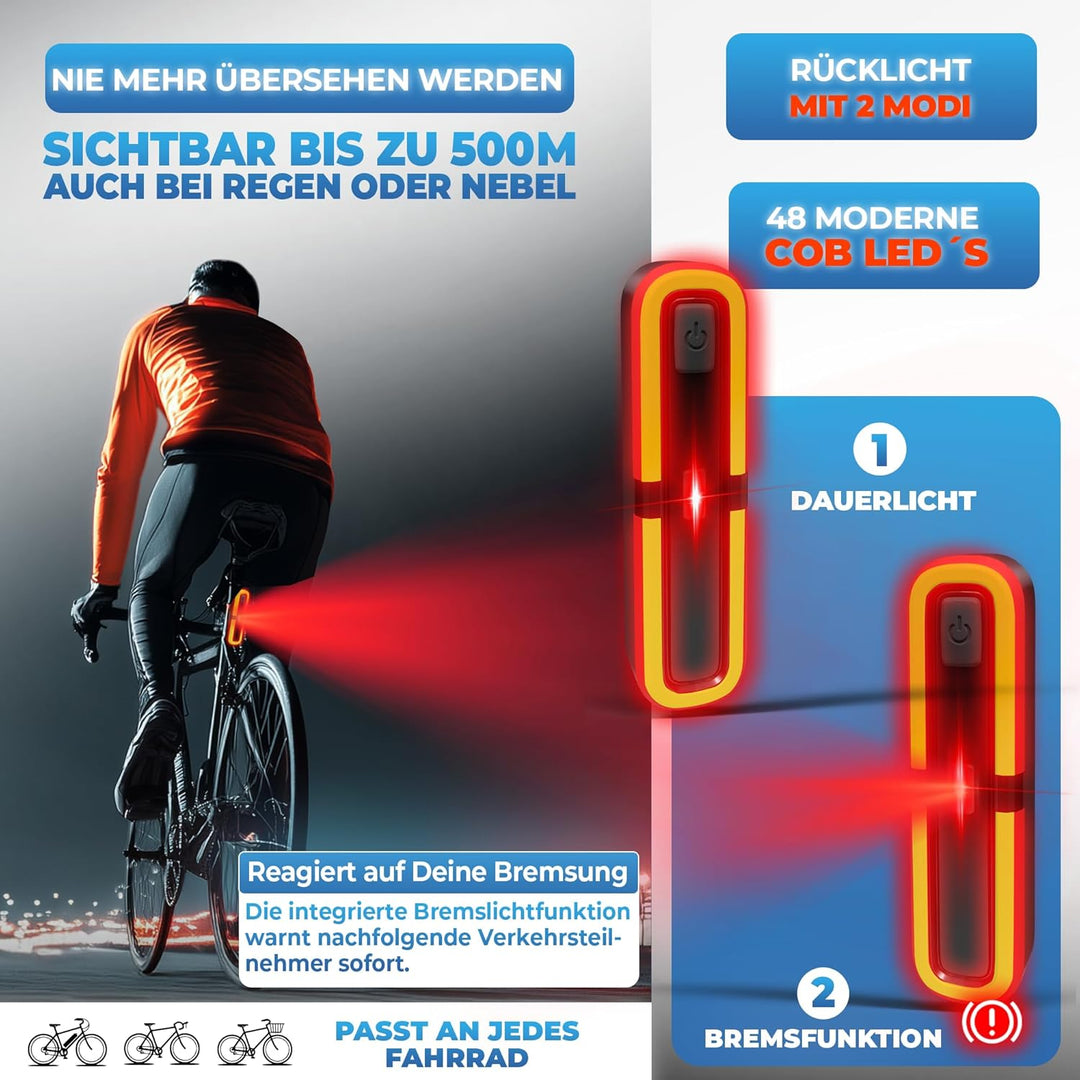 MIVELO SMART Fahrradlicht Set 100LUX, 2000mAh Power-Akku, Auto-Sensor, StVZO zugelassen, USB aufladb