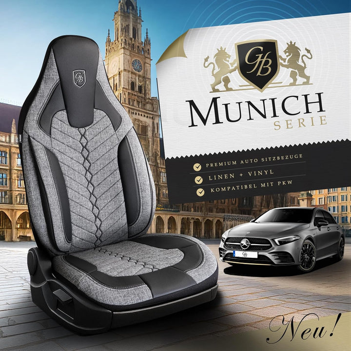 Autositzbezüge Universal für PKW & SUV – Premium Vordersitze Auto Sitzbezug aus Leinen, Grau-Schwarz