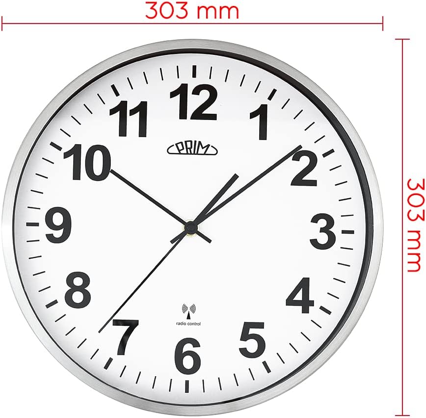 PRIM Design Radio Control Funk Wanduhr, Weiss/Silber, funkgesteuert aus Metall, Funkwanduhr Modern,