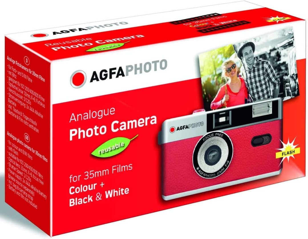 AgfaPhoto analoge 35mm Kleinbildfilm Foto Kamera rot + Schwarz/Weiss Bilder Film + Batterie +KOMPLET