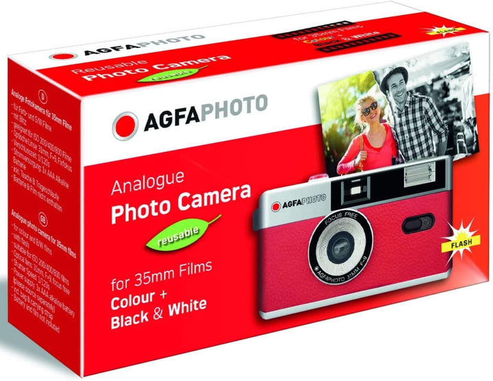 AgfaPhoto analoge 35mm Kleinbildfilm Foto Kamera rot + Schwarz/Weiss Bilder Film + Batterie +KOMPLET