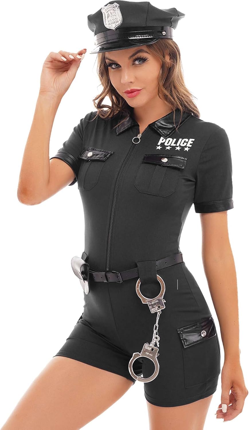 Aislor Sexy Polizei Kostüm Damen Polizistin Uniform mit Mütze Handschnelle Cop Costume Komplettes Ou
