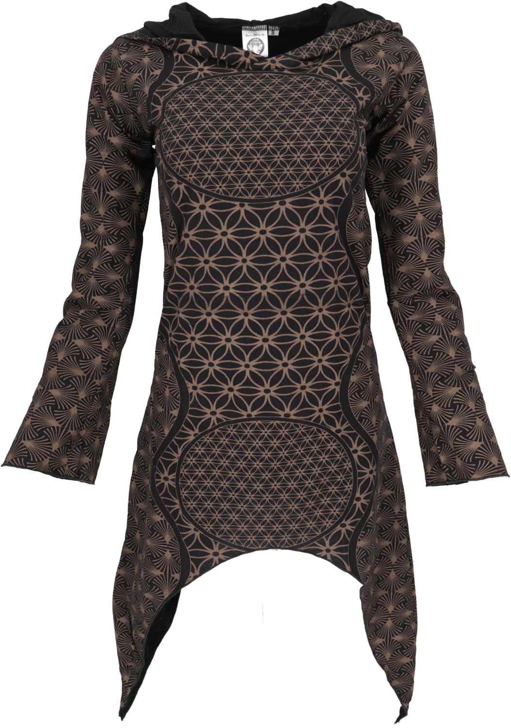 GURU SHOP Ethno Pixi Minikleid, Bedrucktes Goakleid Langarm, Damen, Baumwolle 36 Schwarz/Braun, 36 S
