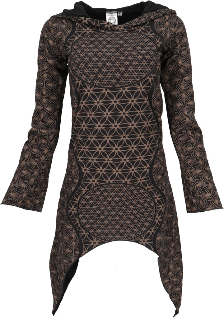 GURU SHOP Ethno Pixi Minikleid, Bedrucktes Goakleid Langarm, Damen, Baumwolle 36 Schwarz/Braun, 36 S