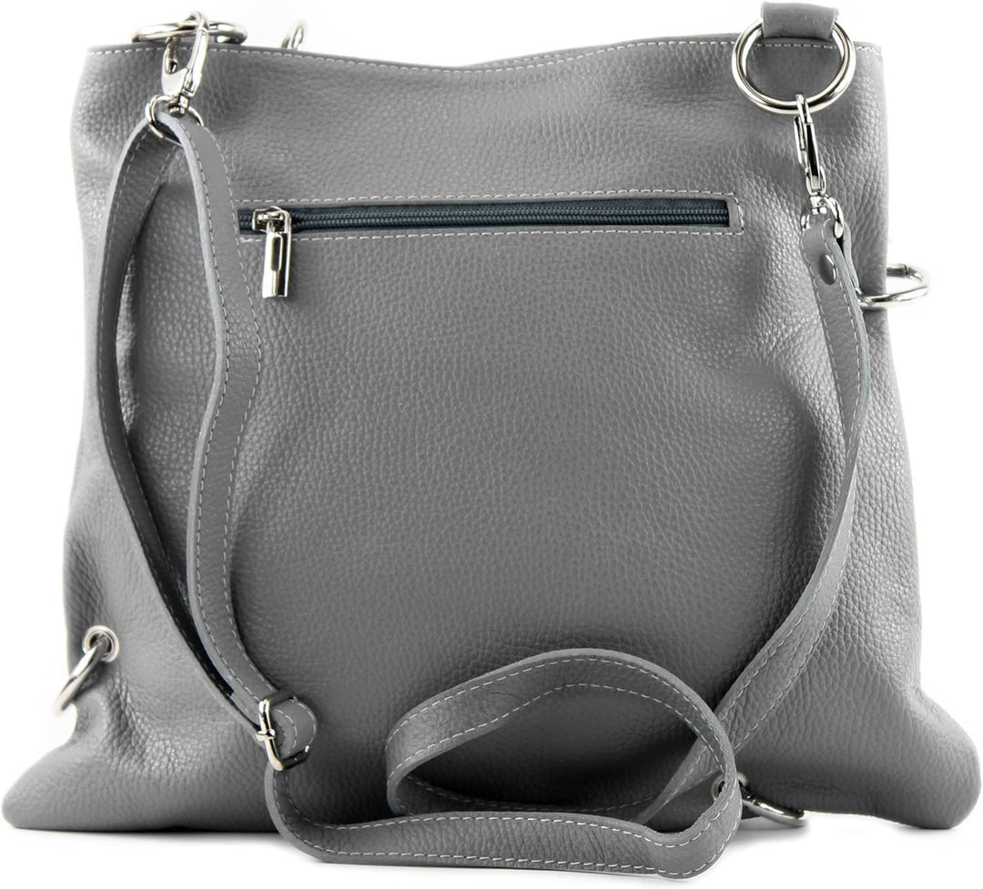 modamoda de - T140 - ital Messengertasche Umhängetasche 2in1 Leder Grau/Dunkelgrau, Grau/Dunkelgrau