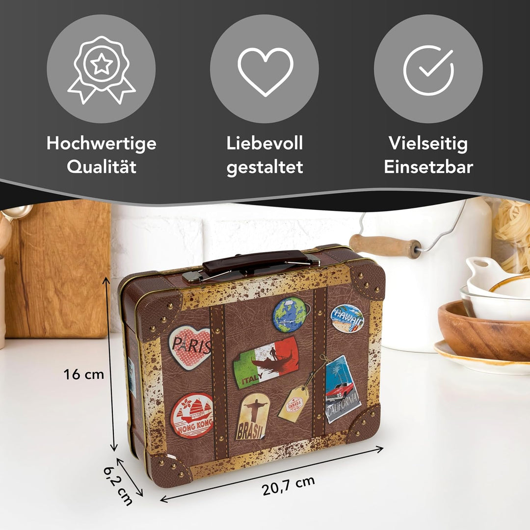 Reisekoffer Vintage - Retro Aufbewahrungsdose, Keksdose, Blechdose mit bunten Aufklebern von verschi