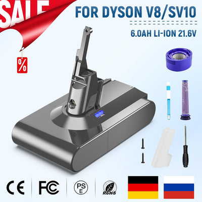 Batterie für Dyson V8 SV10,21,6V 6.0ah SV10 Ersatzakku, Akku für Dyson V8 Serie kabelloser Staubsaug