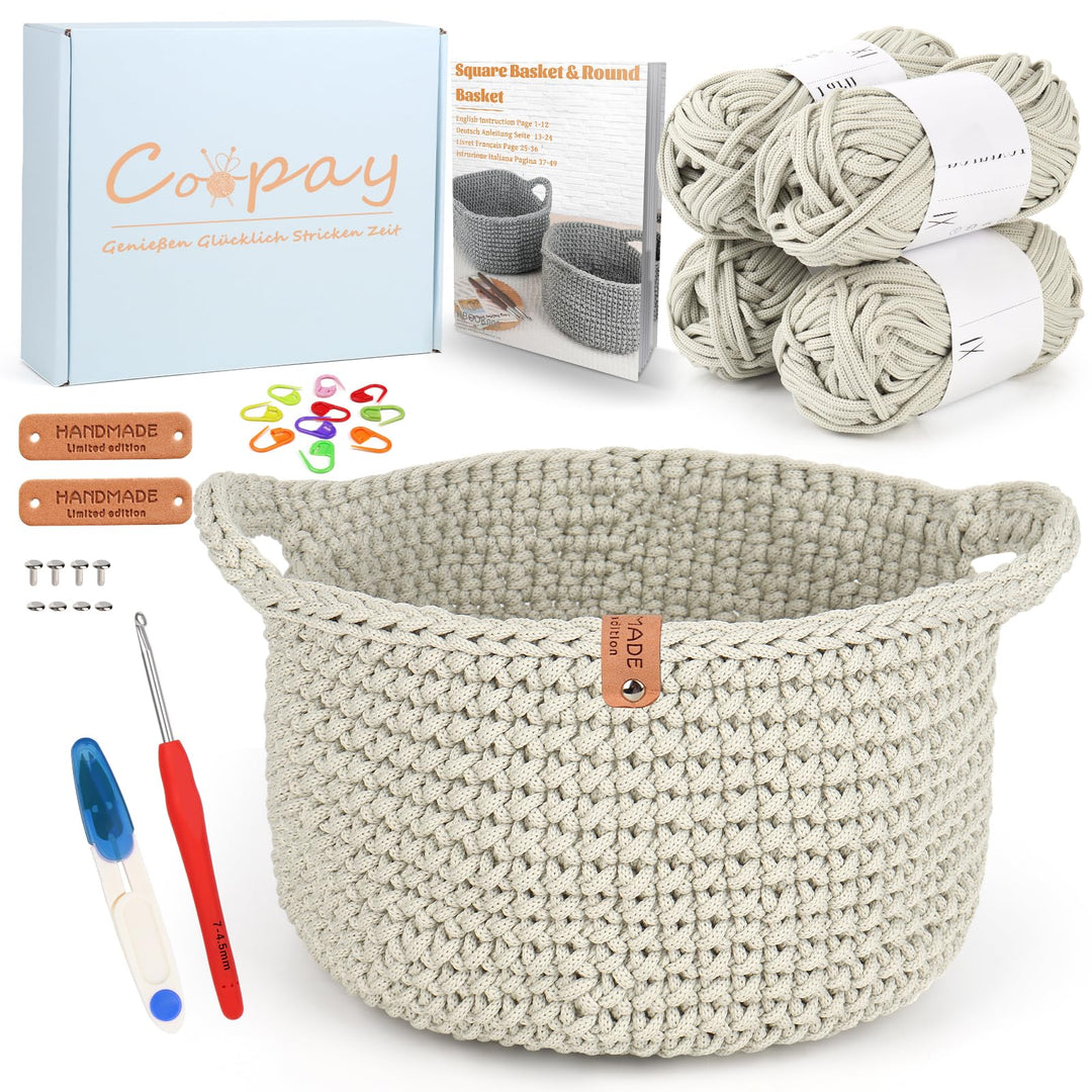 Coopay Häkelset für Anfänger, Rund Körbe Häkel Set mit Häkelanleitung, DIY Häkelset für Körbe Häkeln