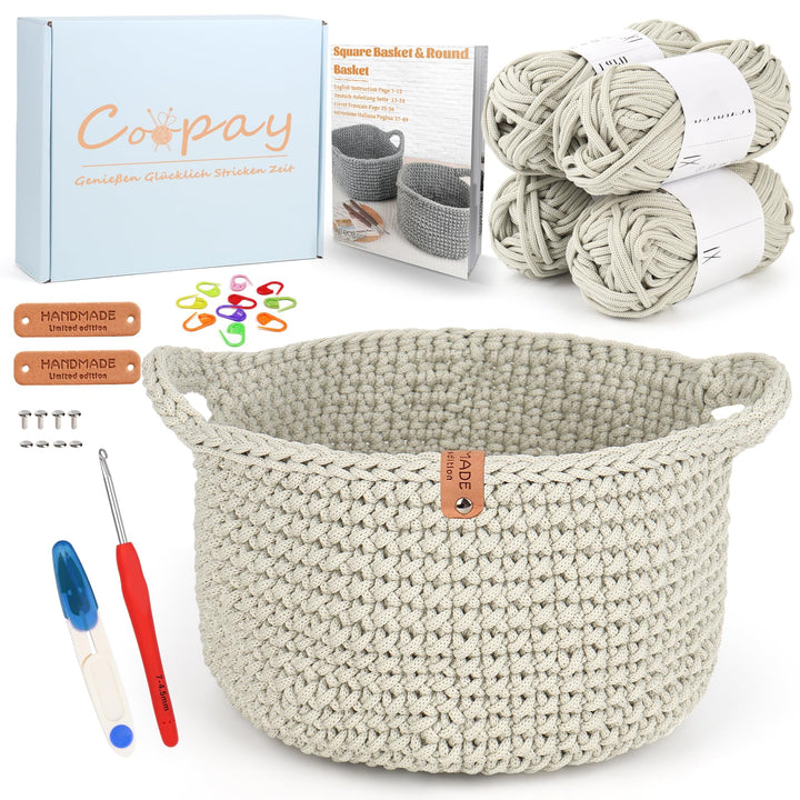 Coopay Häkelset für Anfänger, Rund Körbe Häkel Set mit Häkelanleitung, DIY Häkelset für Körbe Häkeln
