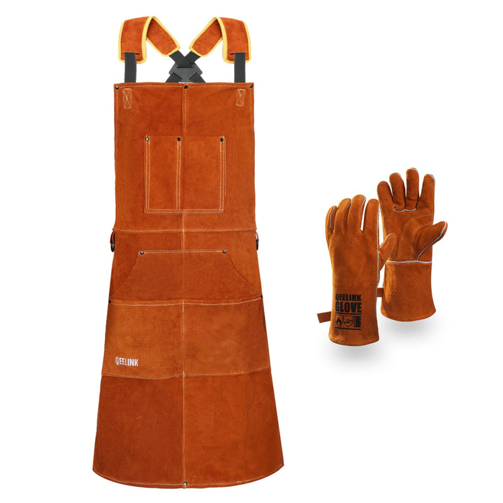 QeeLink Schweissschürze mit Schweisshandschuhe - Lederschürze mit 6 Taschen, Flammhemmende & Hitzebe