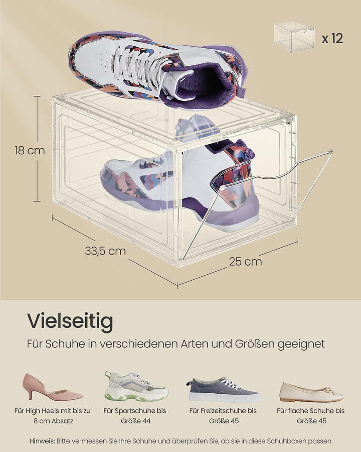 SONGMICS Schuhboxen, Schuh-Organizer aus Kunststoff, mit Tür, durchsichtig, Kunststoffboxen, 12er Se