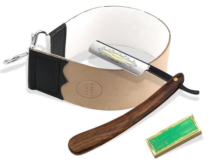 Rasiermesser-Set Rasier Set Herren Rasiermesser Holz Griff Goldätzung Schwarze Klinge mit Paste aus